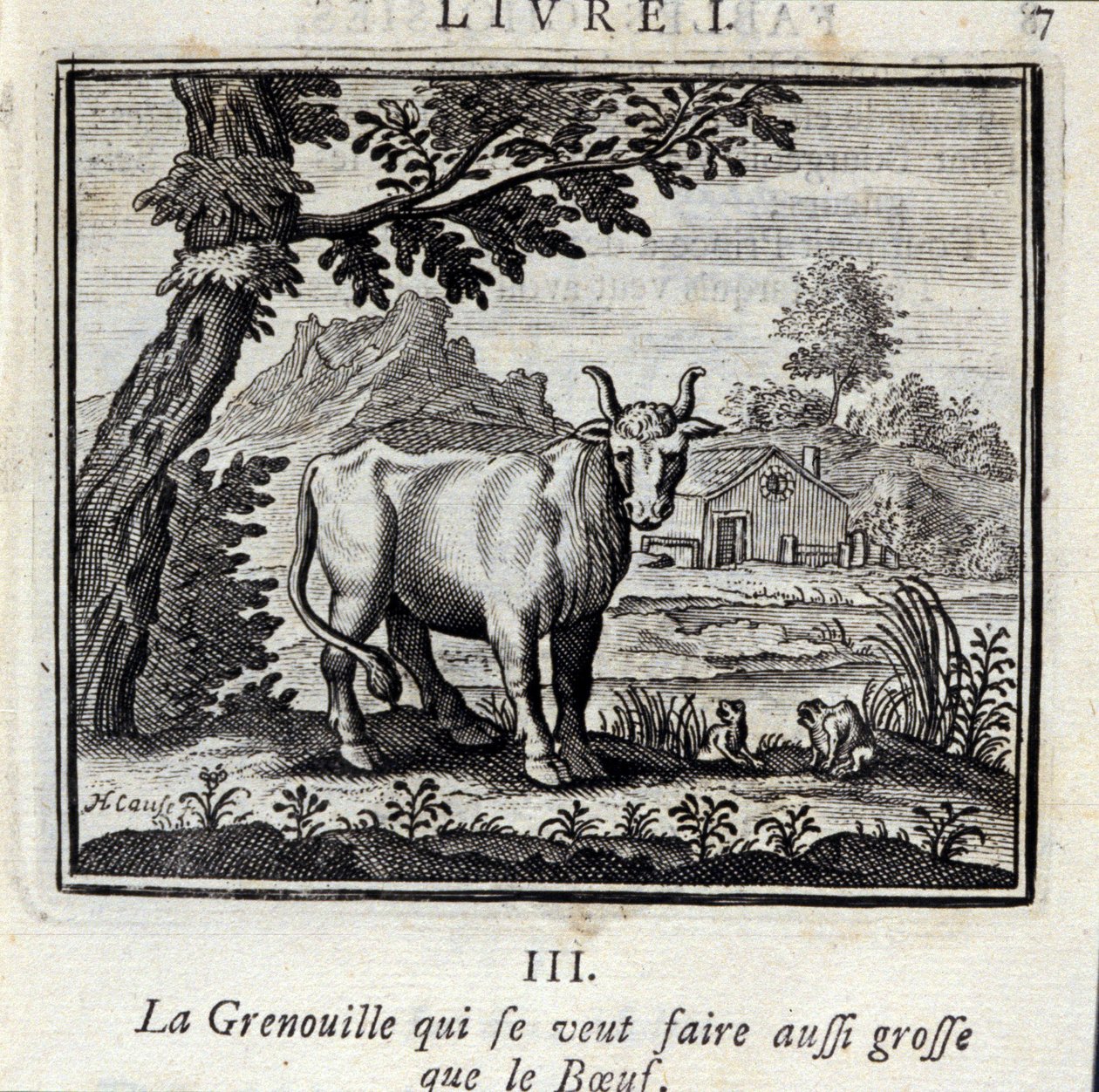 Grodan som vill bli lika stor som nötköttet. Fabler av Jean de La Fontaine (1621-95). Illustration av François Chauveau (1613-1676). Upplaga av 1728. av Francois Chauveau