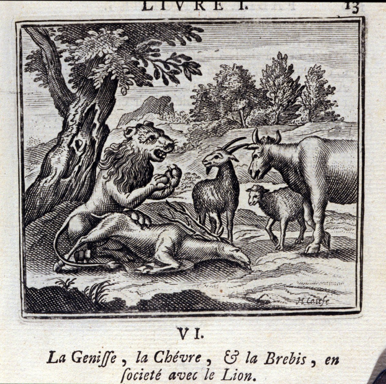 Genissen Gove och fåren i samhället med lejonet. Fabler av Jean de La Fontaine (1621-95). Illustration av François Chauveau (1613-1676). Upplaga av 1728. av Francois Chauveau