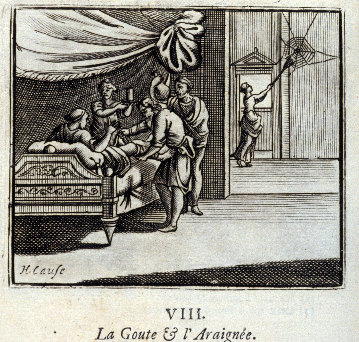 Gikten och spindeln. Fabler av Jean de La Fontaine (1621-95). Illustration av Francois Chauveau (1613-1676). Upplaga av 1728. av Francois Chauveau