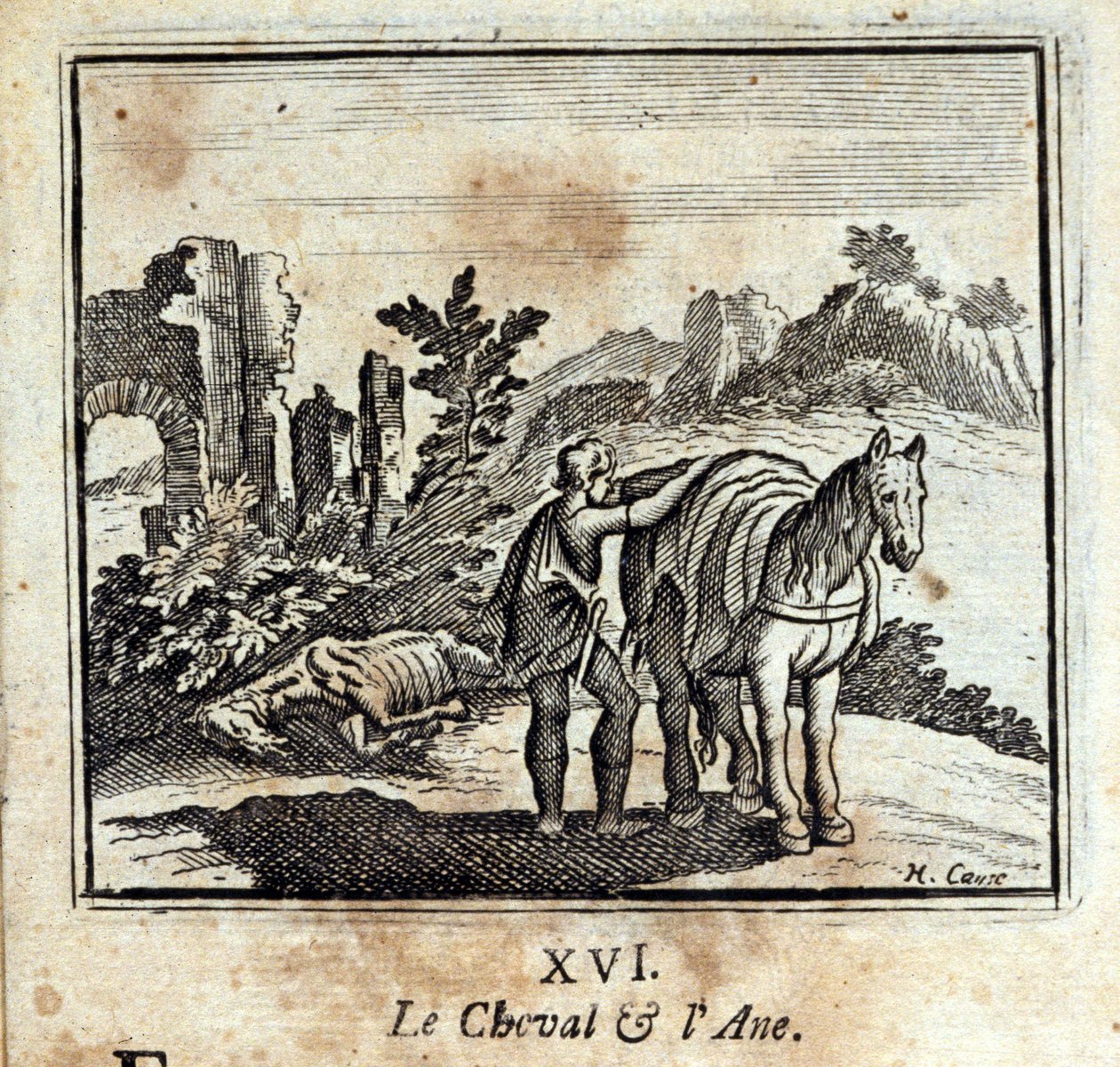 Hästen och åsnan. Fabler av Jean de La Fontaine (1621-95). Illustration av François Chauveau (1613-1676). Upplaga av 1728. av Francois Chauveau