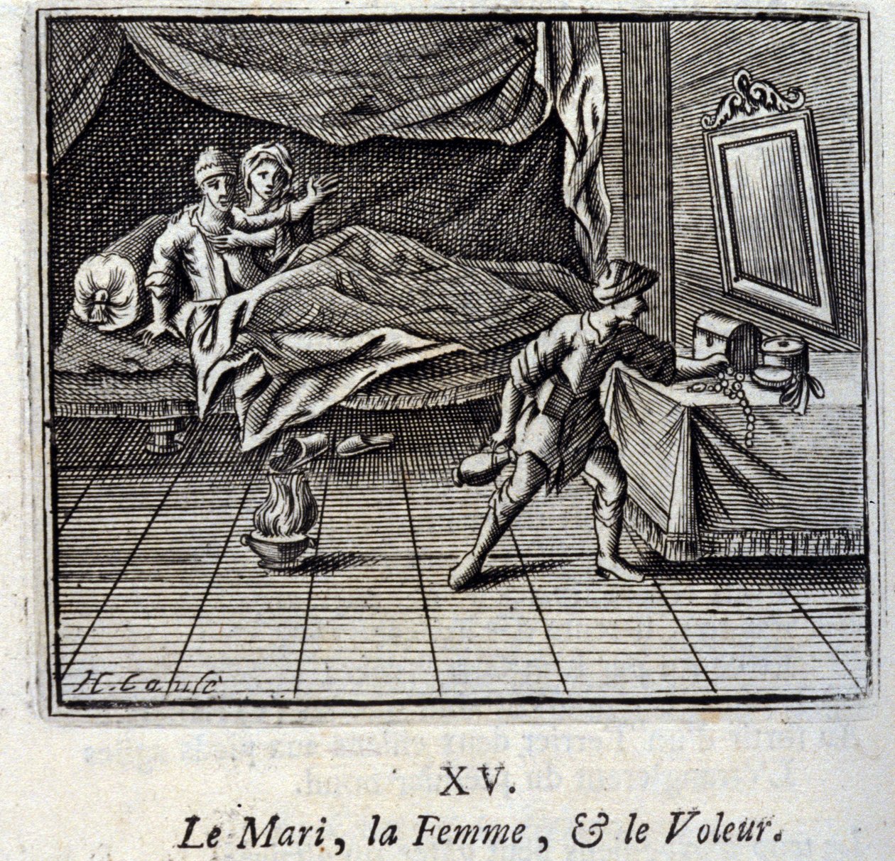 Mannen, kvinnan och tjuven. Fabler av Jean de La Fontaine (1621-95). Illustration av François Chauveau (1613-1676). Upplaga från 1728. av Francois Chauveau