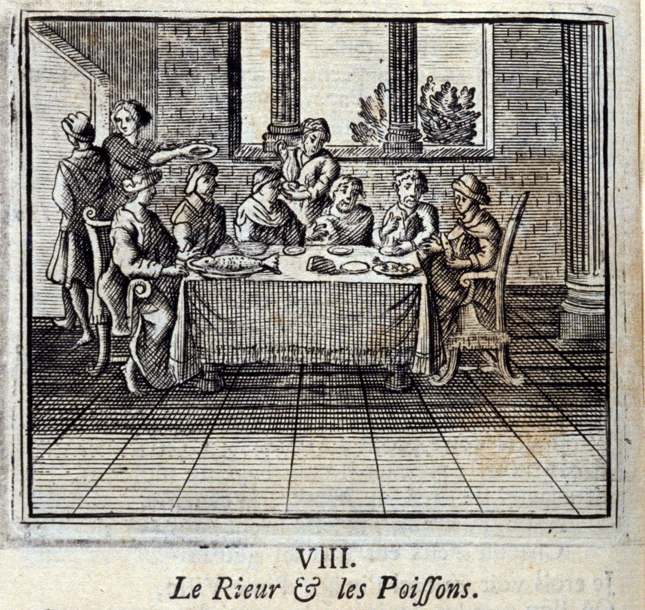 Skrattet och Fiskarna. Fabler av Jean de La Fontaine (1621-95). Illustration av François Chauveau (1613-1676). Upplaga av 1728. av Francois Chauveau