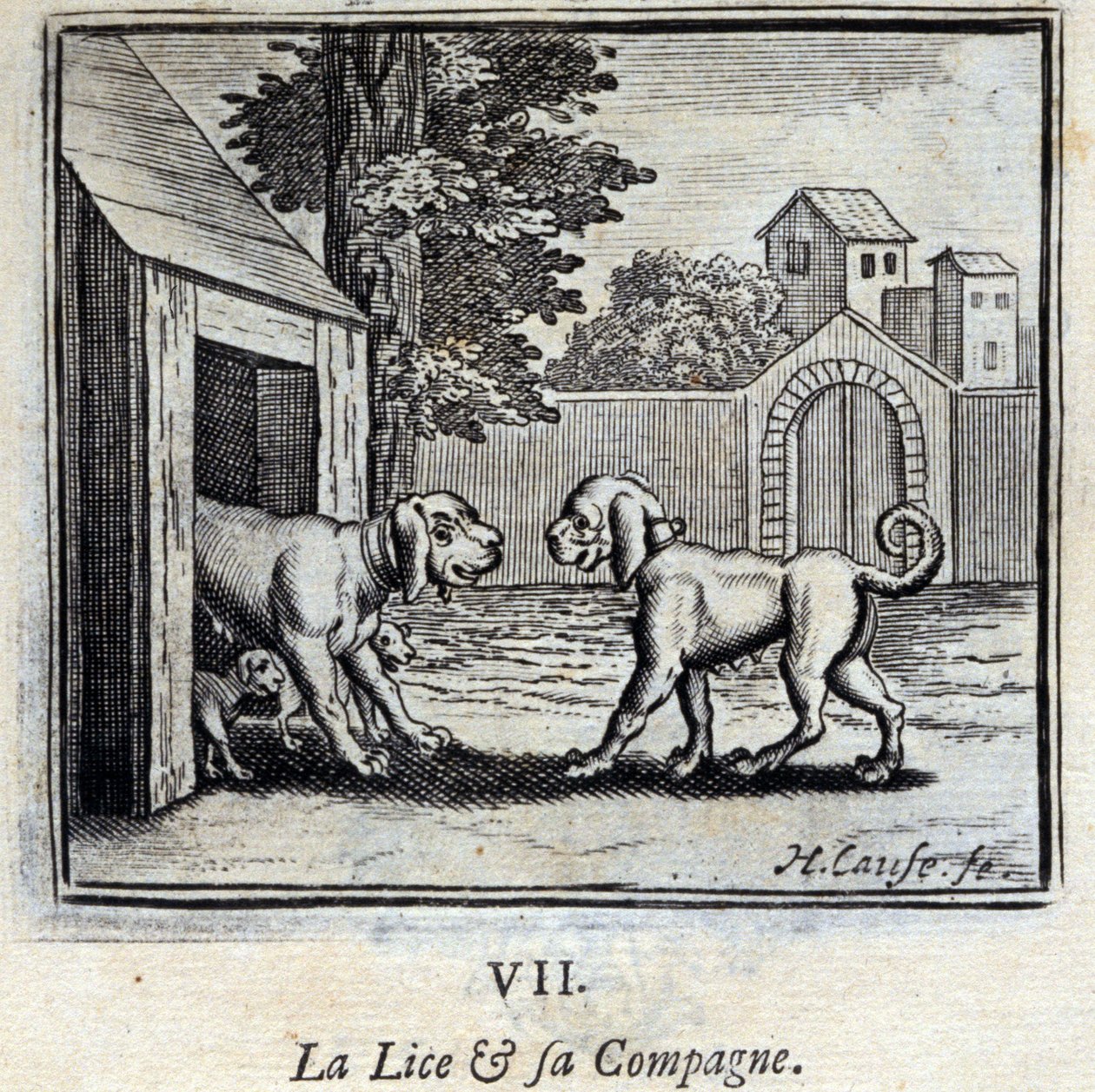 Lösen och hennes följeslagare. Fabler av Jean de La Fontaine (1621-95). Illustration av Francois Chauveau (1613-1676). Upplaga av 1728. av Francois Chauveau