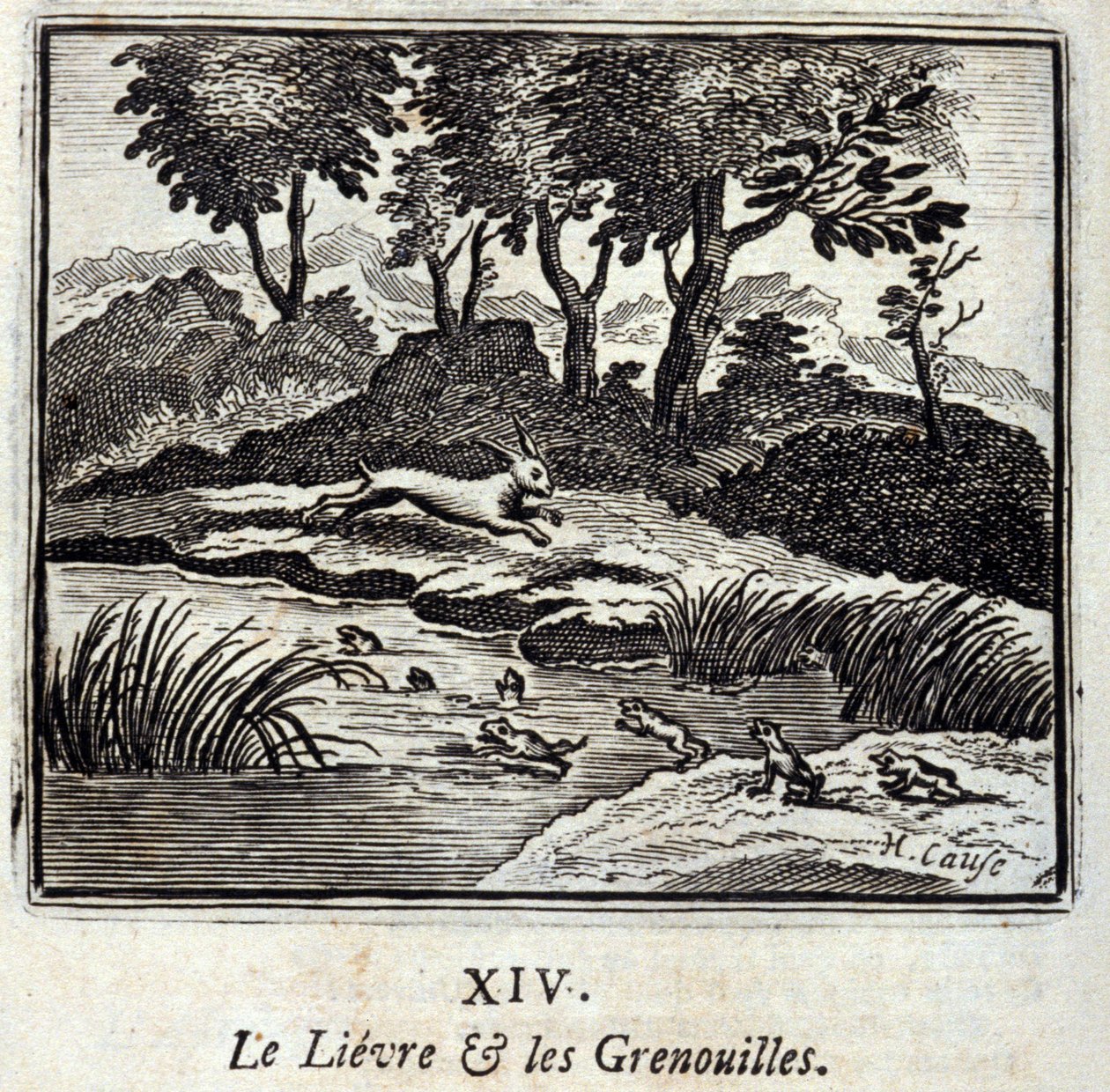 Haren och grodorna. Fabler av Jean de La Fontaine (1621-95). Illustration av Francois Chauveau (1613-1676). Upplaga av 1728. av Francois Chauveau