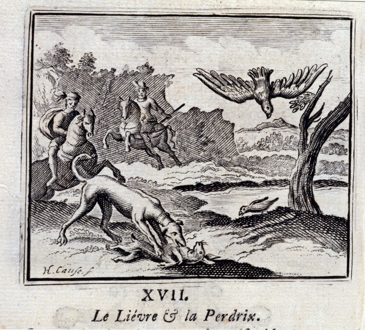The Lievre and the Pardrix.Fables av Jean de La Fontaine (1621-95). Illustration av François Chauveau (1613-1676). Upplaga av 1728. av Francois Chauveau