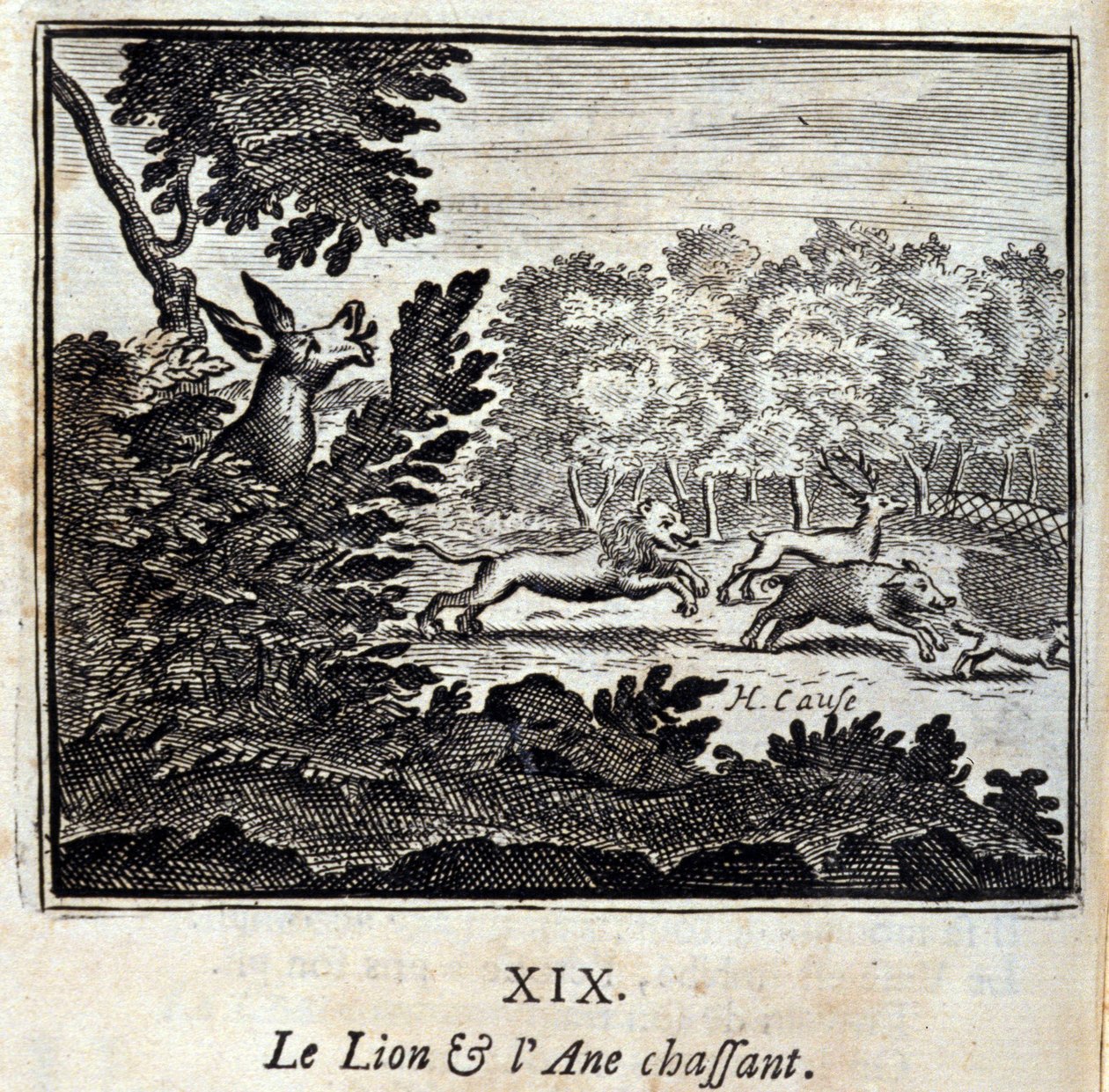 Lejonet och åsnan jagar. Fabler av Jean de La Fontaine (1621-95). Illustration av François Chauveau (1613-1676). Upplaga av 1728. av Francois Chauveau