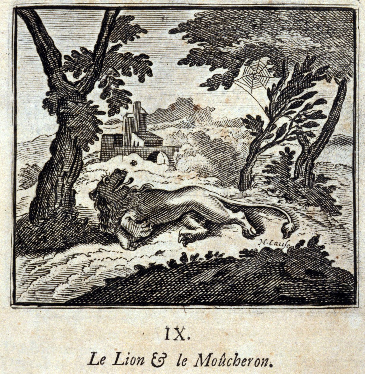 Lejonet och flugsnapparen. Fabler av Jean de La Fontaine (1621-95). Illustration av Francois Chauveau (1613-1676). Upplaga av 1728. av Francois Chauveau