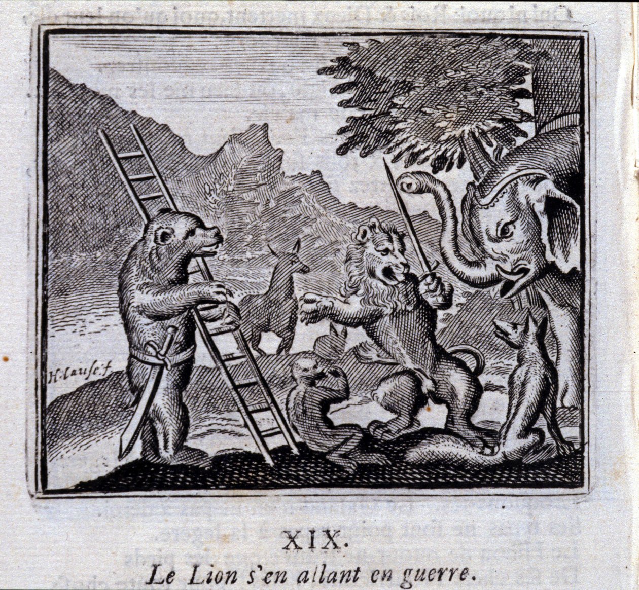 Lejonet går i krig. Fabler av Jean de La Fontaine (1621-95). Illustration av Francois Chauveau (1613-1676). Upplaga av 1728. av Francois Chauveau