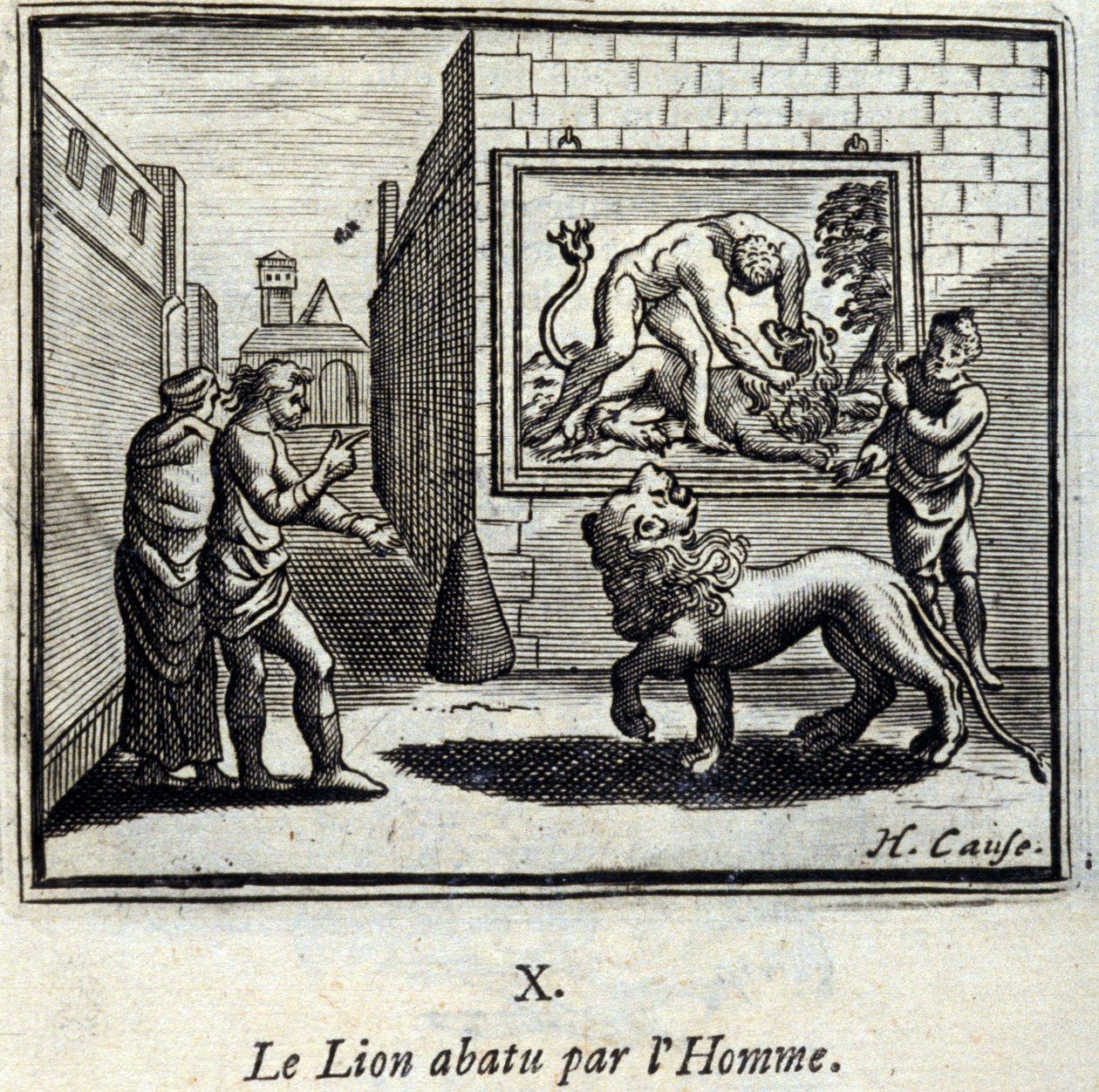 Lejonet nedskjutet av Man. Fabler av Jean de La Fontaine (1621-95). Illustration av François Chauveau (1613-1676). Upplaga av 1728. av Francois Chauveau