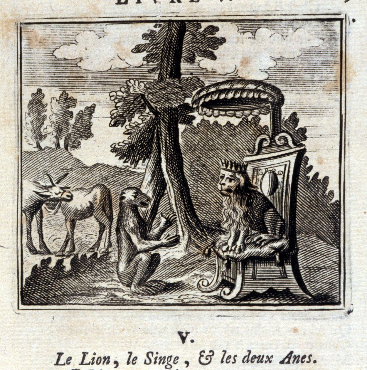 The Lion the Monkey and the Two Anes.Fables av Jean de La Fontaine (1621-95). Illustration av François Chauveau (1613-1676). Upplaga av 1728. av Francois Chauveau