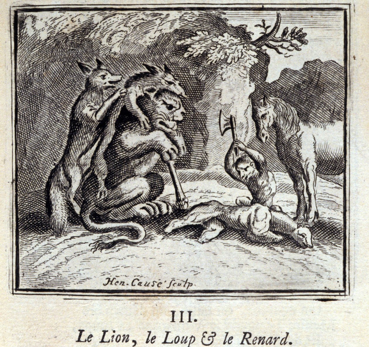 Lejonet, vargen och räven. Fabler av Jean de La Fontaine (1621-95). Illustration av François Chauveau (1613-1676). Upplaga av 1728. av Francois Chauveau