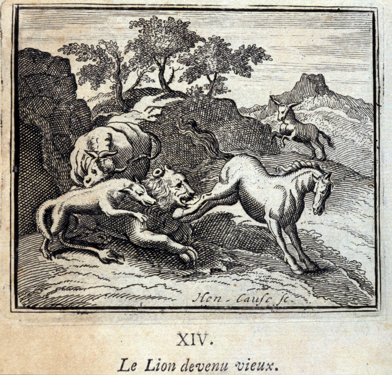 Lejonet blev gammalt. Fabler av Jean de La Fontaine (1621-95). Illustration av Francois Chauveau (1613-1676). Upplaga av 1728. av Francois Chauveau