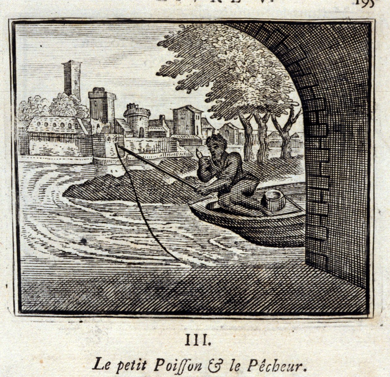 Den lilla fisken och fiskaren. Fabler av Jean de La Fontaine (1621-95). Illustration av François Chauveau (1613-1676). Upplaga av 1728. av Francois Chauveau