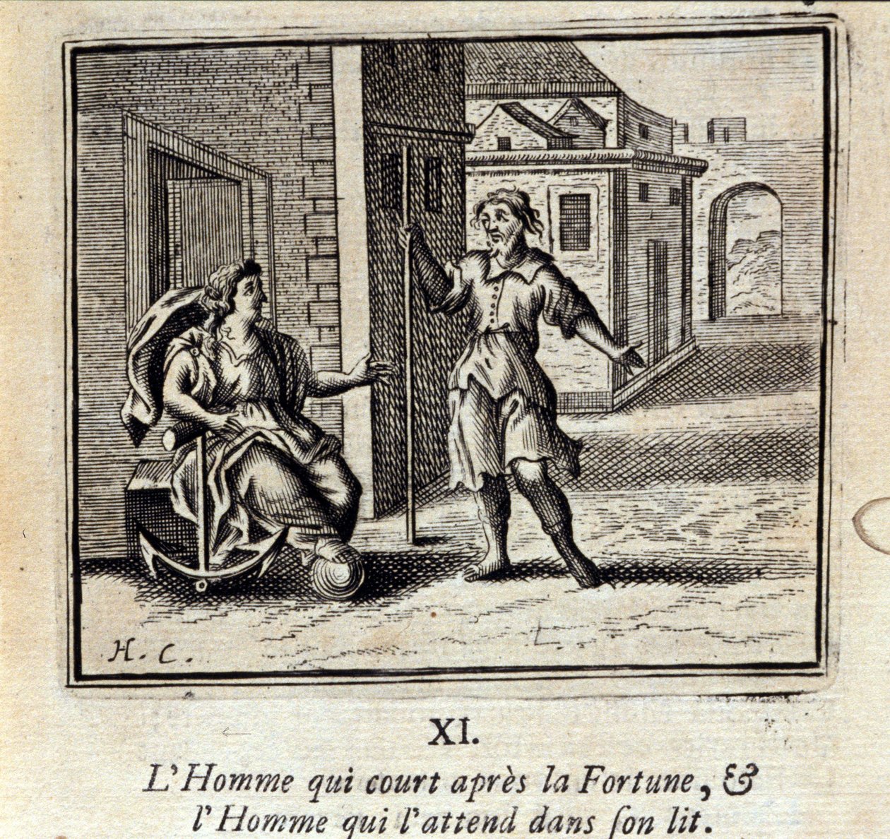 Mannen som springer efter Fortune och Mannen som väntar på honom i sängen. Fabler av Jean de La Fontaine (1621-95). Illustration av François Chauveau (1613-1676). Upplaga av 1728. av Francois Chauveau