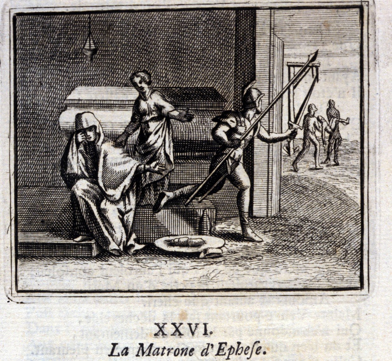 Matronen i Efesos. Fabler av Jean de La Fontaine (1621-95). Illustration av Francois Chauveau (1613-1676). Upplaga av 1728. av Francois Chauveau