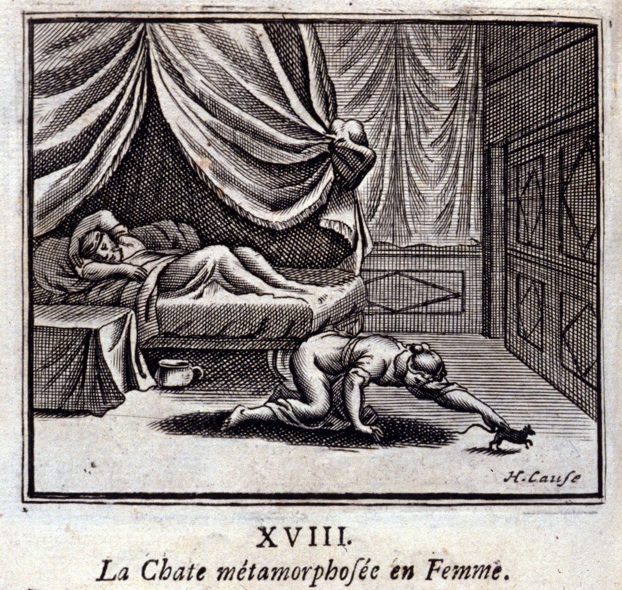 Den metamorfoserade katten i kvinnan. Fabler av Jean de La Fontaine (1621-95). Illustration av François Chauveau (1613-1676). Upplaga av 1728. av Francois Chauveau