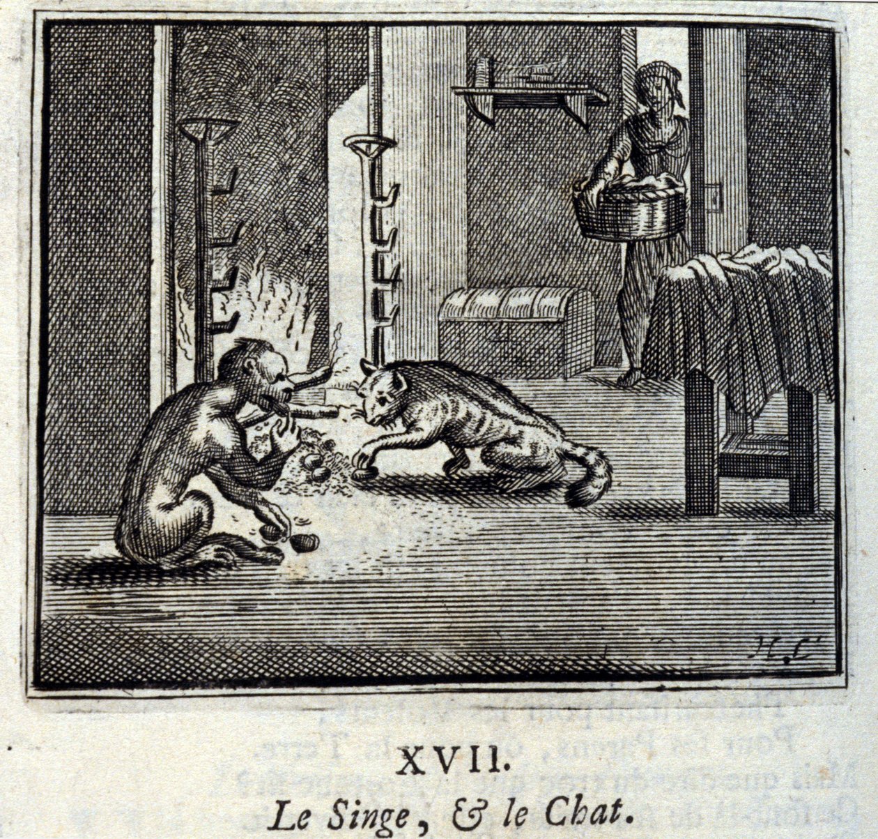 Apan och katten. Fabler av Jean de La Fontaine (1621-95). Illustration av Francois Chauveau (1613-1676). Upplaga av 1728. av Francois Chauveau