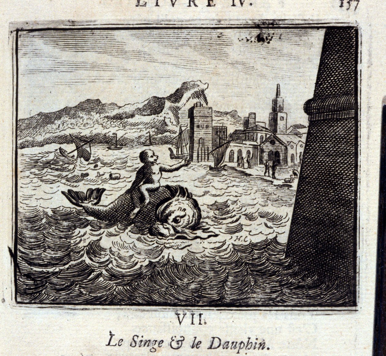 Apan och dauphinen. Fabler av Jean de La Fontaine (1621-95). Illustration av Francois Chauveau (1613-1676). Upplaga av 1728. av Francois Chauveau