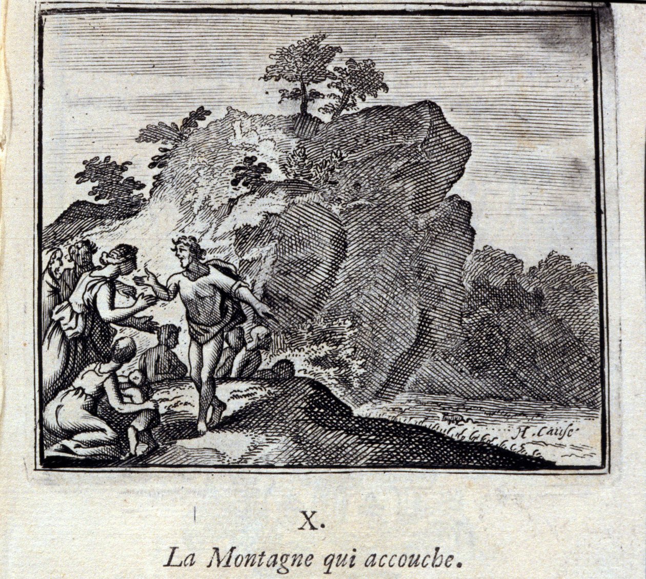 Berget föder. Fabler av Jean de La Fontaine (1621-95). Illustration av Francois Chauveau (1613-1676). Upplaga av 1728. av Francois Chauveau