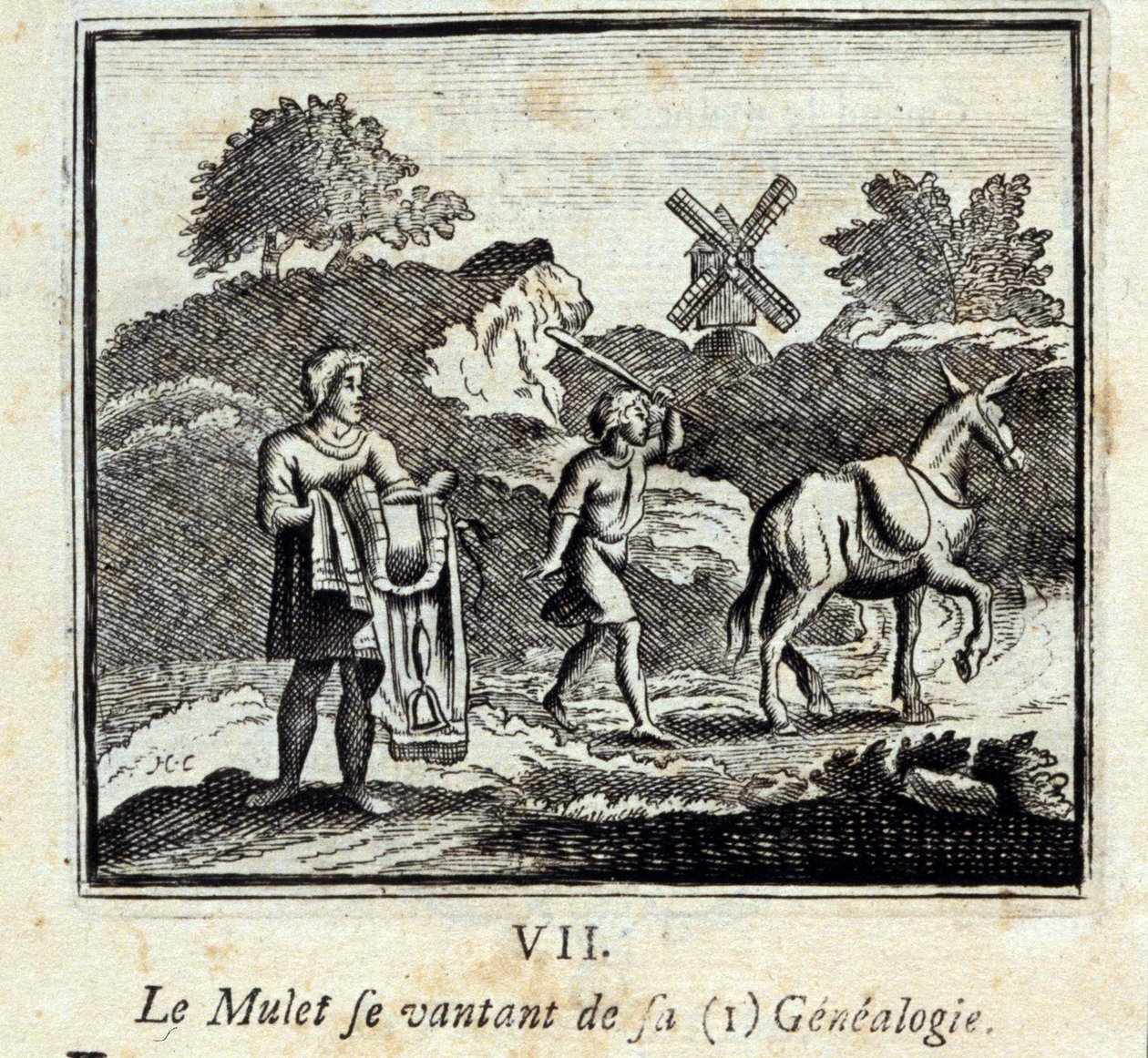 Mullet skryter om sin släktforskning. Fabler av Jean de La Fontaine (1621-95). Illustration av François Chauveau (1613-1676). Upplaga från 1728. av Francois Chauveau