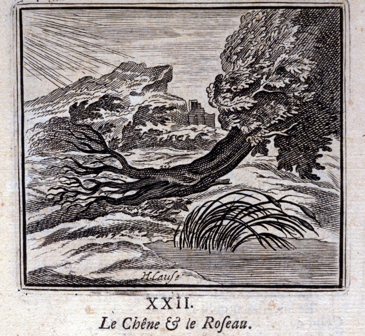Eken och vassen. Fabler av Jean de La Fontaine (1621-95). Illustration av François Chauveau (1613-1676). Upplaga från 1728. av Francois Chauveau