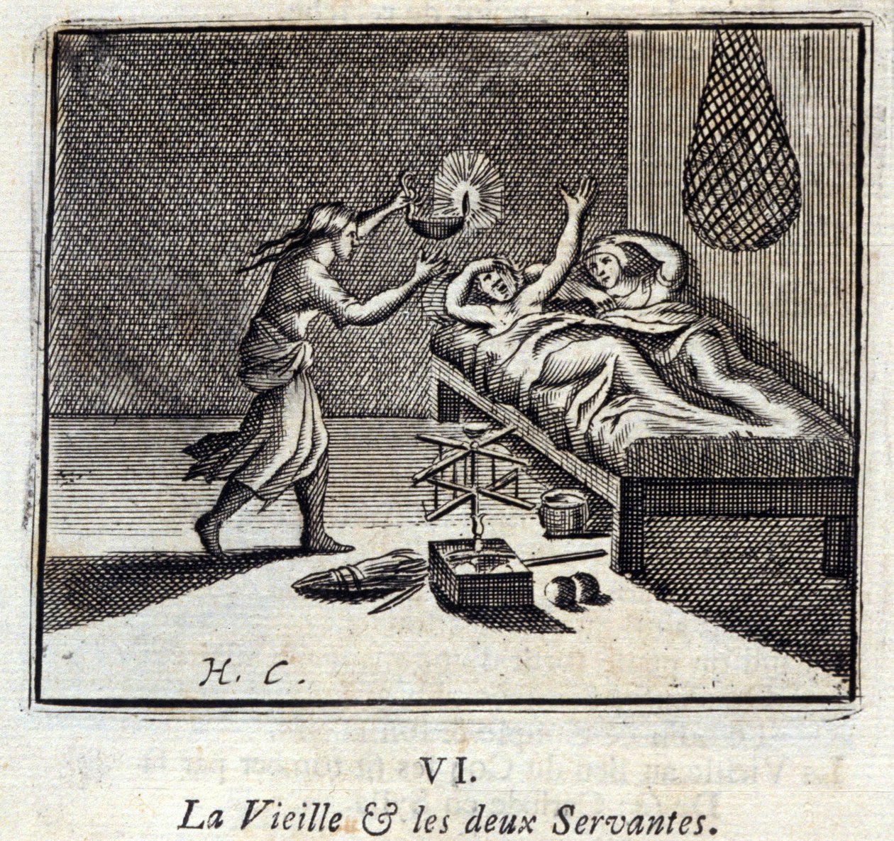 Den gamla damen och de två tjänarna. Fabler av Jean de La Fontaine (1621-95). Illustration av François Chauveau (1613-1676). Upplaga från 1728. av Francois Chauveau
