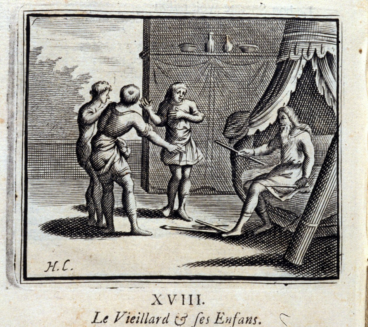 Den gamle mannen och hans barn. Fabler av Jean de La Fontaine (1621-95). Illustration av François Chauveau (1613-1676). Upplaga av 1728. av Francois Chauveau