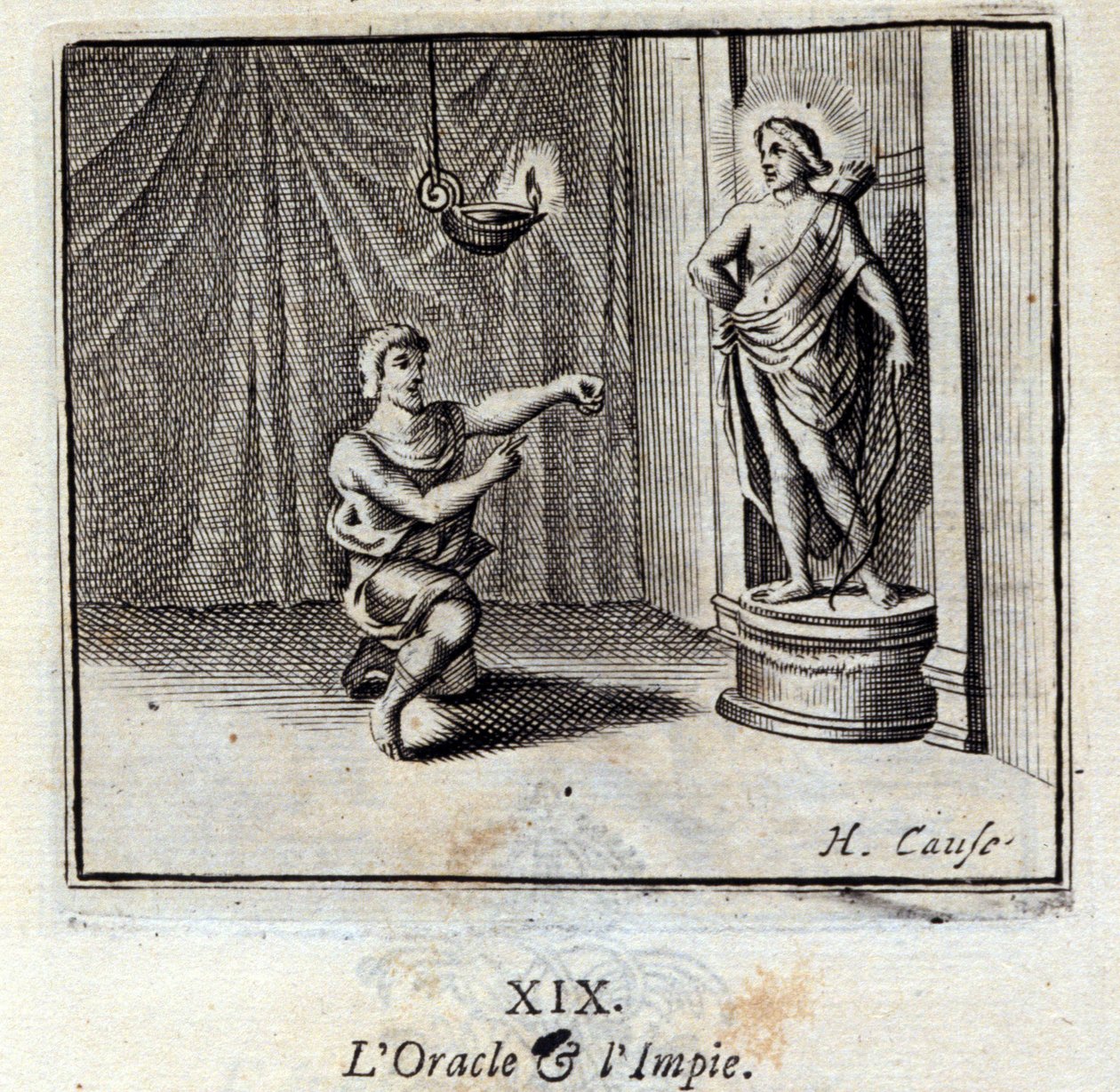 Oraklet och de ogudaktiga. Fabler av Jean de La Fontaine (1621-95). Illustration av Francois Chauveau (1613-1676). Upplaga av 1728. av Francois Chauveau