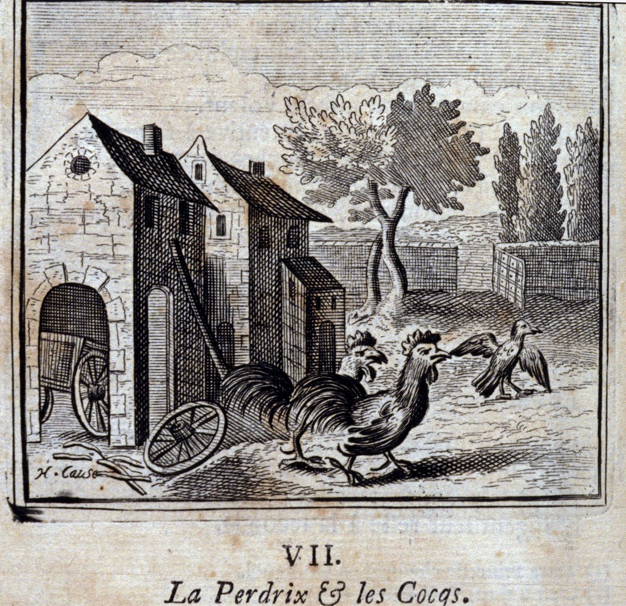 Apphönan och tupparna. Fabler av Jean de La Fontaine (1621-95). Illustration av François Chauveau (1613-1676). Upplaga av 1728. av Francois Chauveau