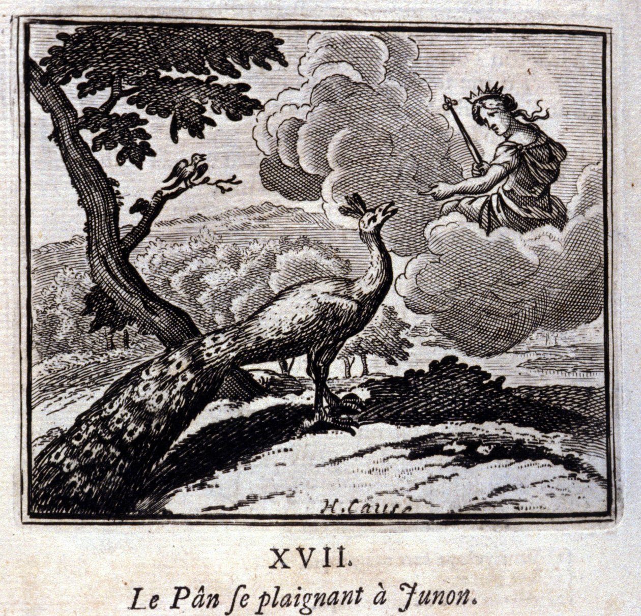 Påfågeln klagar till Junon. Fabler av Jean de La Fontaine (1621-95). Illustration av François Chauveau (1613-1676). Upplaga av 1728. av Francois Chauveau