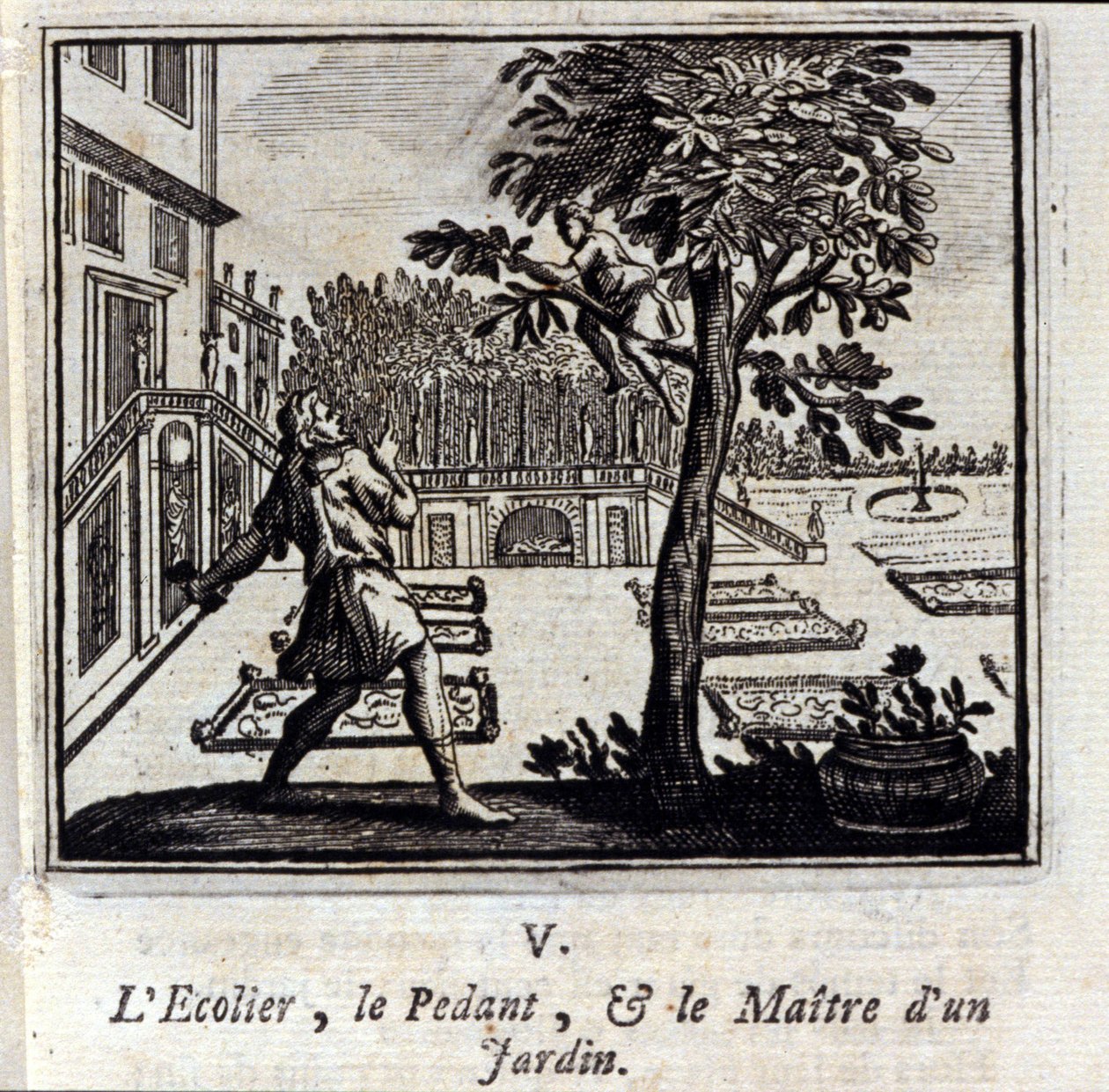 Pedantskolan och en trädgårdsmästare. Fabler av Jean de La Fontaine (1621-95). Illustration av François Chauveau (1613-1676). Upplaga av 1728. av Francois Chauveau