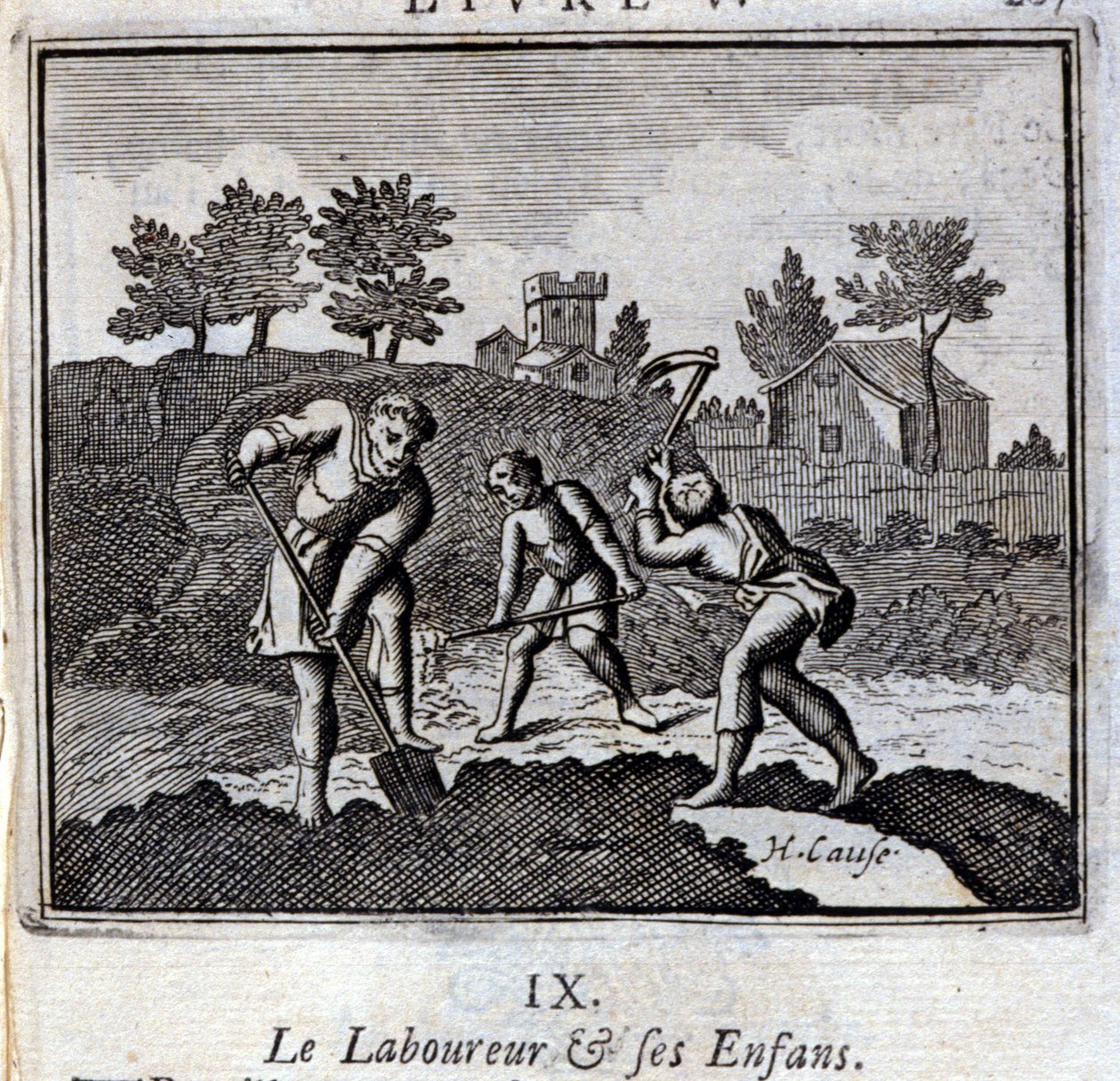 Ploureur och hans barn. Fabler av Jean de La Fontaine (1621-95). Illustration av Francois Chauveau (1613-1676). Upplaga av 1728. av Francois Chauveau