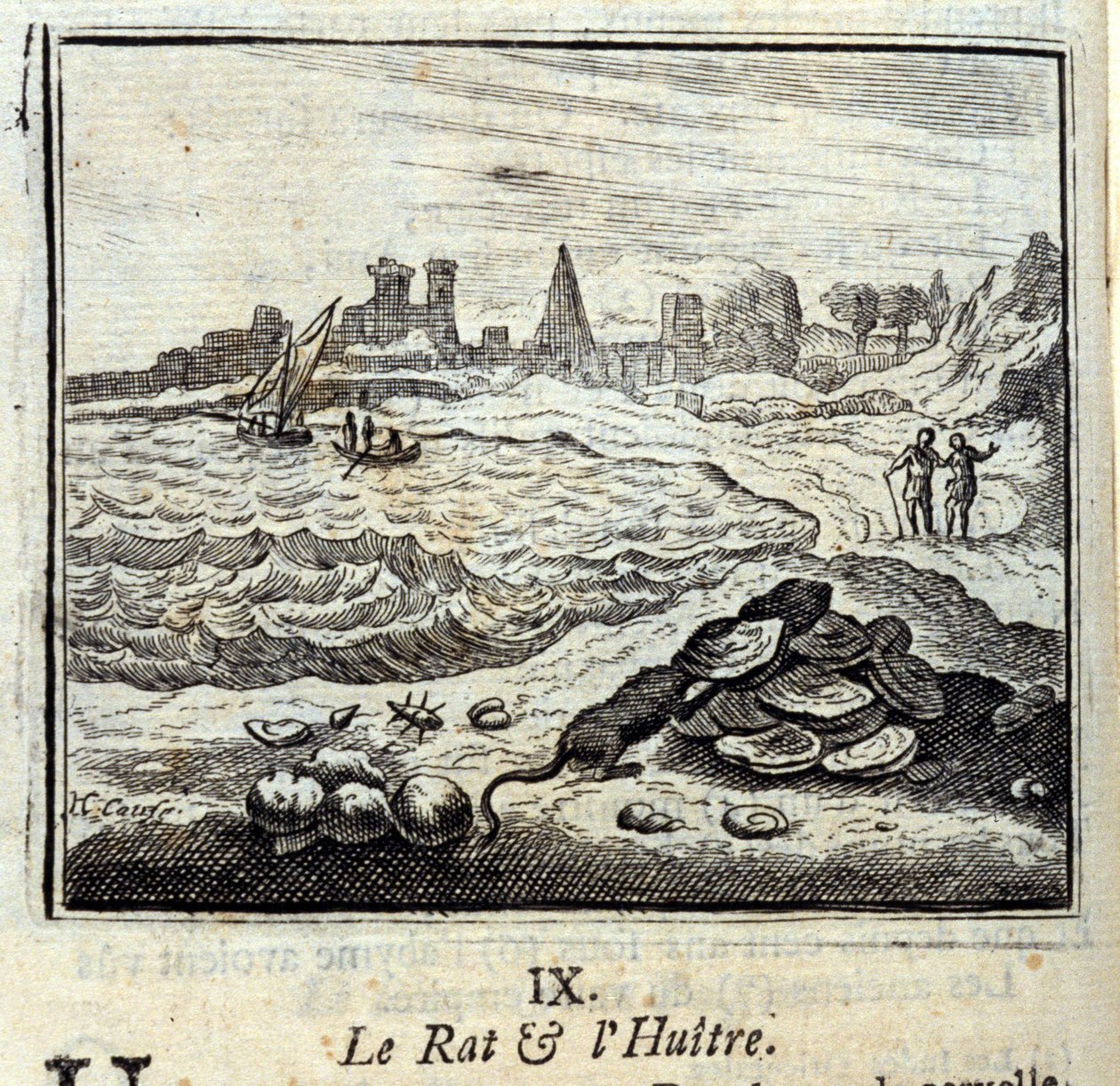 Råttan och Oyer.Fables av Jean de La Fontaine (1621-95). Illustration av Francois Chauveau (1613-1676). Upplaga av 1728. av Francois Chauveau