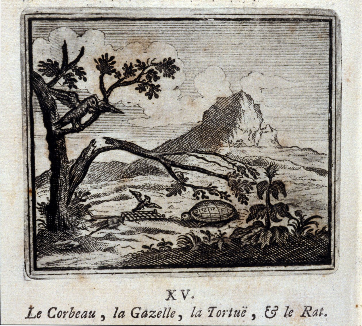 Korpen, Gasellen, Sköldpaddan och Råttan. Fabler av Jean de La Fontaine (1621-95). Illustration av François Chauveau (1613-1676). Upplaga av 1728. av Francois Chauveau