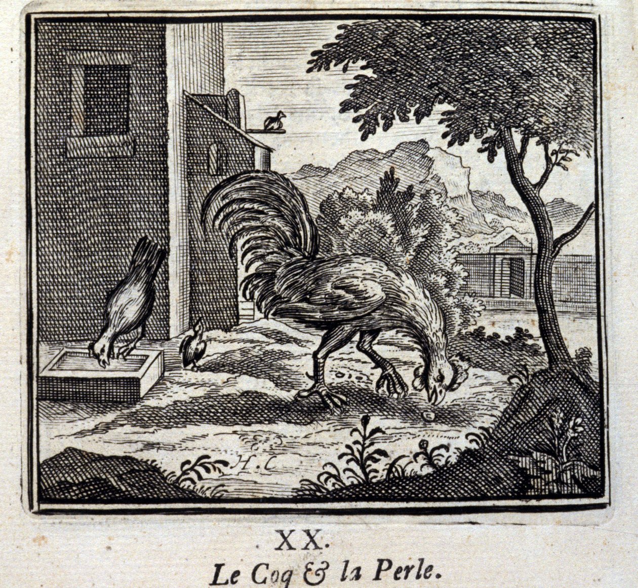 Tuppen och Pärlan. Fabler av Jean de La Fontaine (1621-95). Illustration av François Chauveau (1613-1676). Upplaga av 1728. av Francois Chauveau
