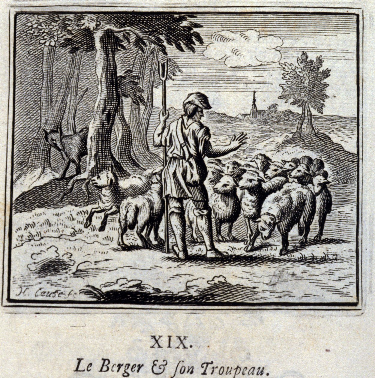 Herden och hans flock. Fabler av Jean de La Fontaine (1621-95). Illustration av François Chauveau (1613-1676). Upplaga av 1728. av Francois Chauveau