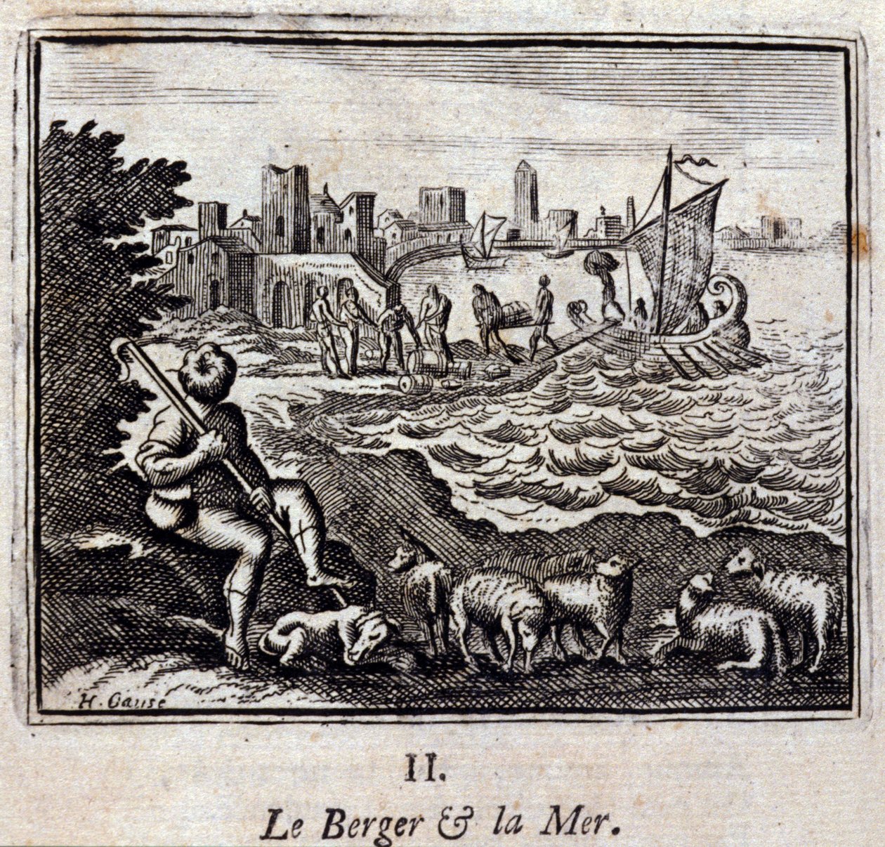 Herden och havet. Fabler av Jean de La Fontaine (1621-95). Illustration av François Chauveau (1613-1676). Upplaga av 1728. av Francois Chauveau