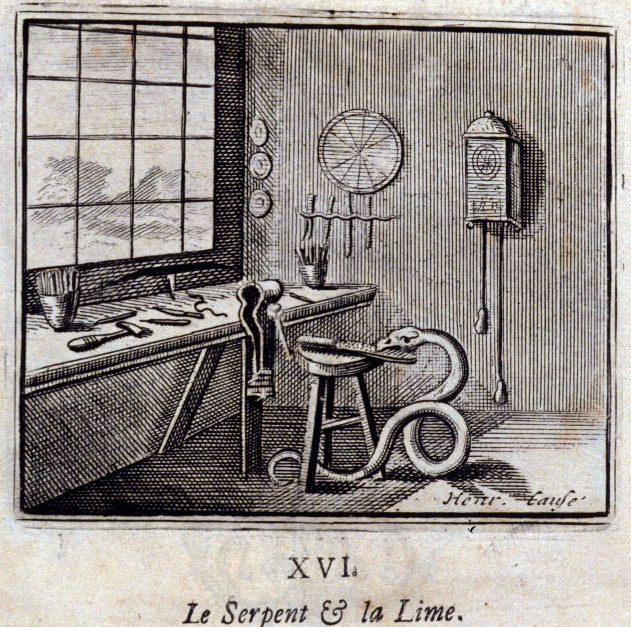 The Snake and the Lime.Fables av Jean de La Fontaine (1621-95). Illustration av Francois Chauveau (1613-1676). Upplaga av 1728. av Francois Chauveau