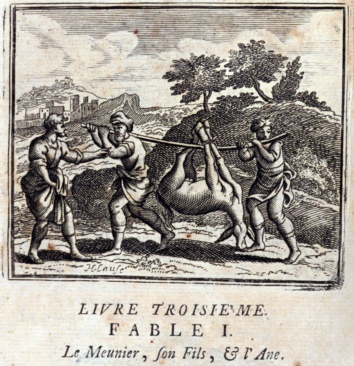 Sucker hans son och åsnan. Fabler av Jean de La Fontaine (1621-95). Illustration av François Chauveau (1613-1676). Upplaga av 1728. av Francois Chauveau