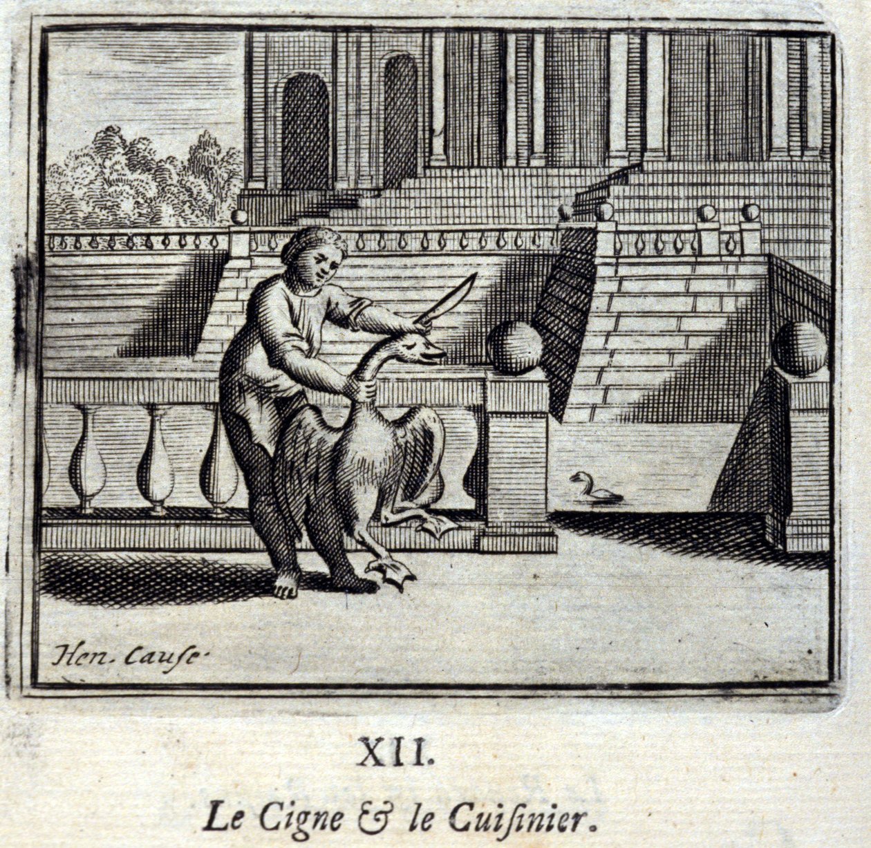 Svanen och kocken. Fabler av Jean de La Fontaine (1621-95). Illustration av Francois Chauveau (1613-1676). Upplaga av 1728. av Francois Chauveau