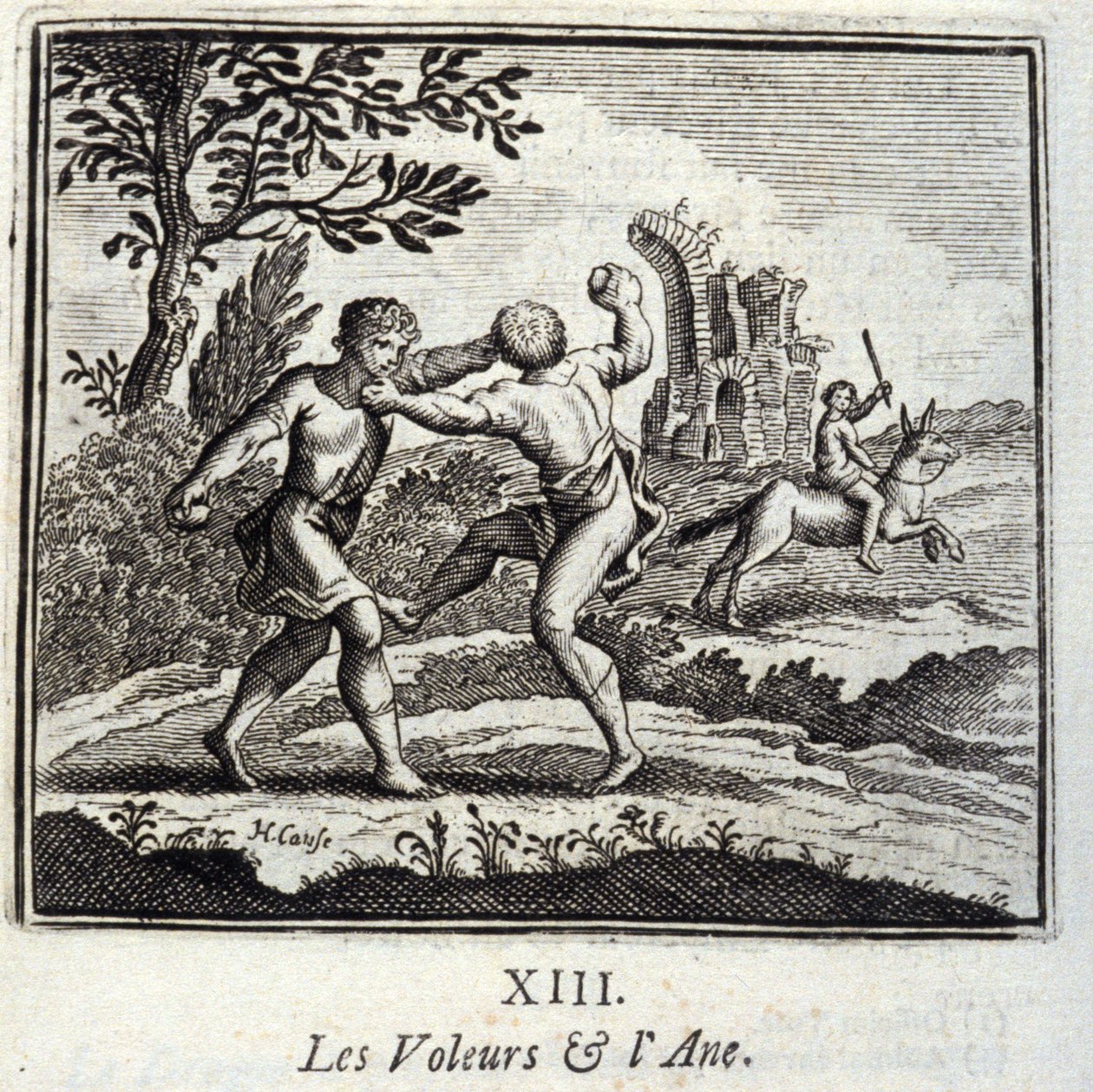 The Thieves and the Ane.Fables av Jean de La Fontaine (1621-95). Illustration av Francois Chauveau (1613-1676). Upplaga av 1728. av Francois Chauveau
