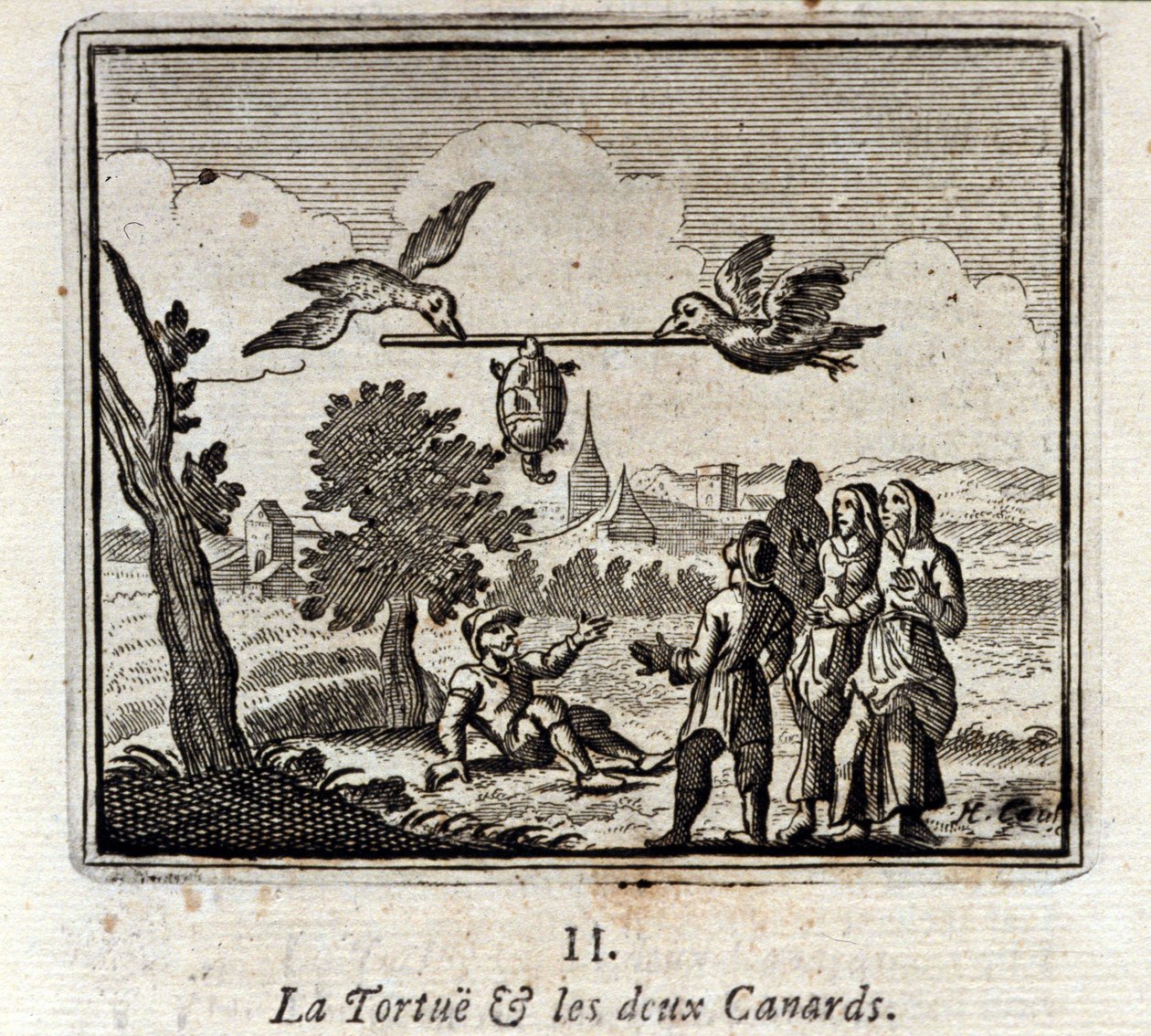 Sköldpaddan och de två ankorna. Fabler av Jean de La Fontaine (1621-95). Illustration av François Chauveau (1613-1676). Upplaga av 1728. av Francois Chauveau