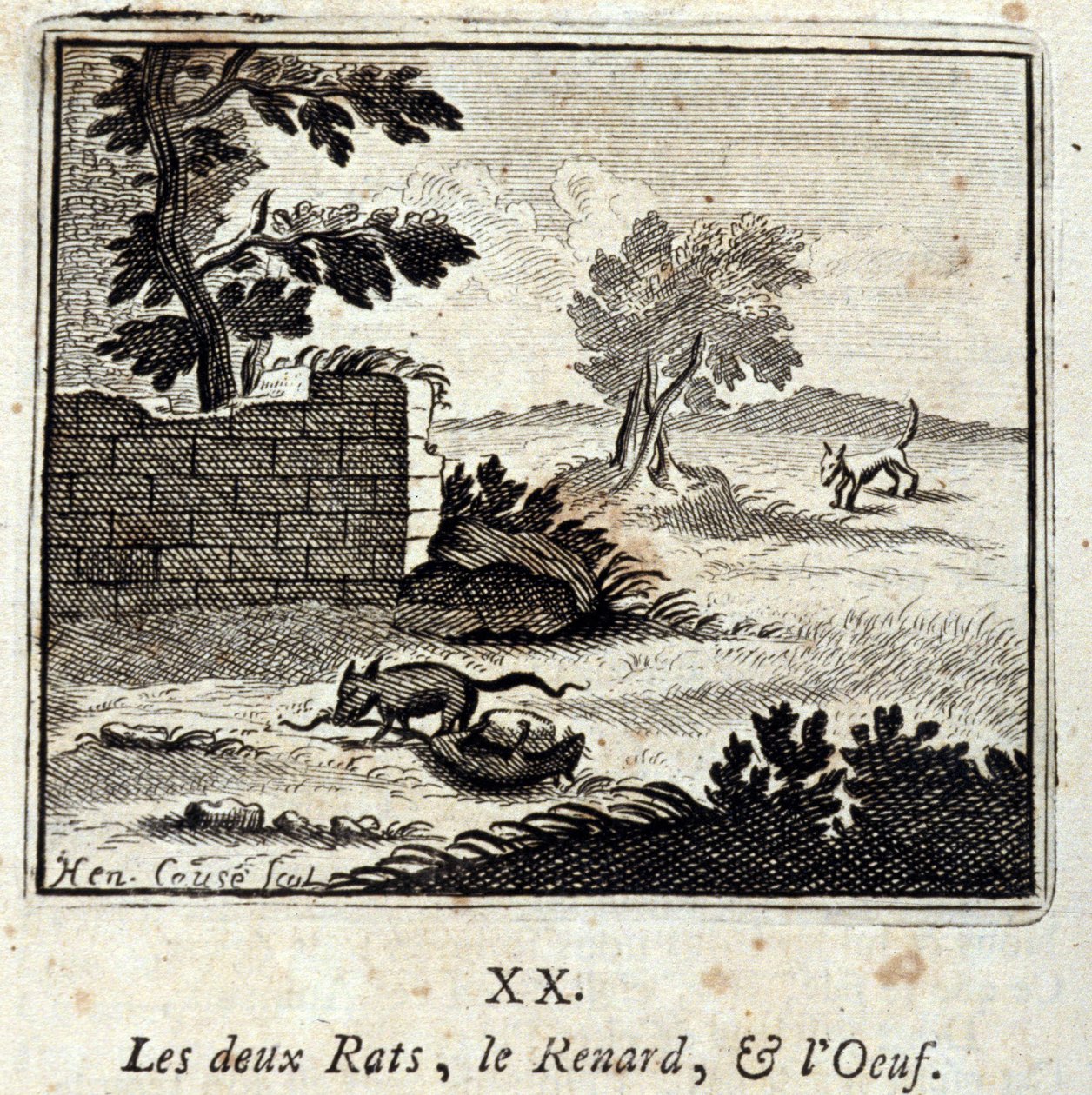 De två råttorna, räven och ägget. Fabler av Jean de La Fontaine (1621-95). Illustration av François Chauveau (1613-1676). Upplaga av 1728. av Francois Chauveau