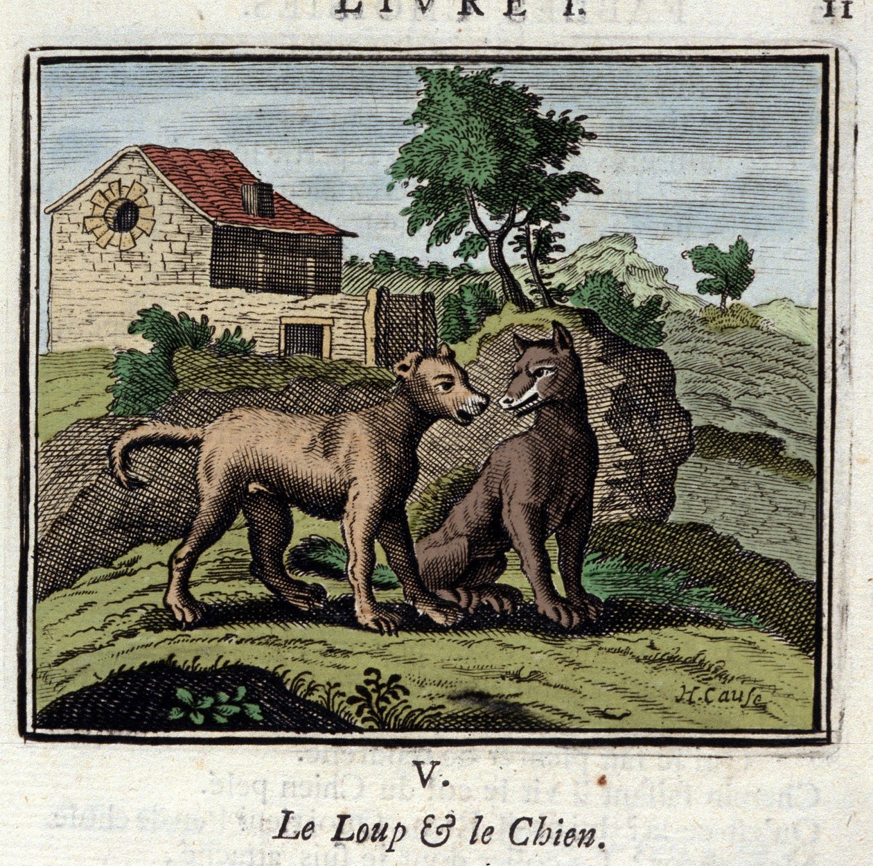 Vargen och hunden. Fabler av Jean de La Fontaine (1621-1695). Illustration av Francois Chauveau (1613-1676). Upplaga av 1728. av Francois Chauveau