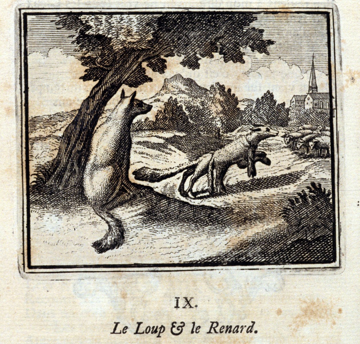 Vargen och räven. Fabler av Jean de La Fontaine (1621-95). Illustration av François Chauveau (1613-1676). Upplaga av 1728. av Francois Chauveau