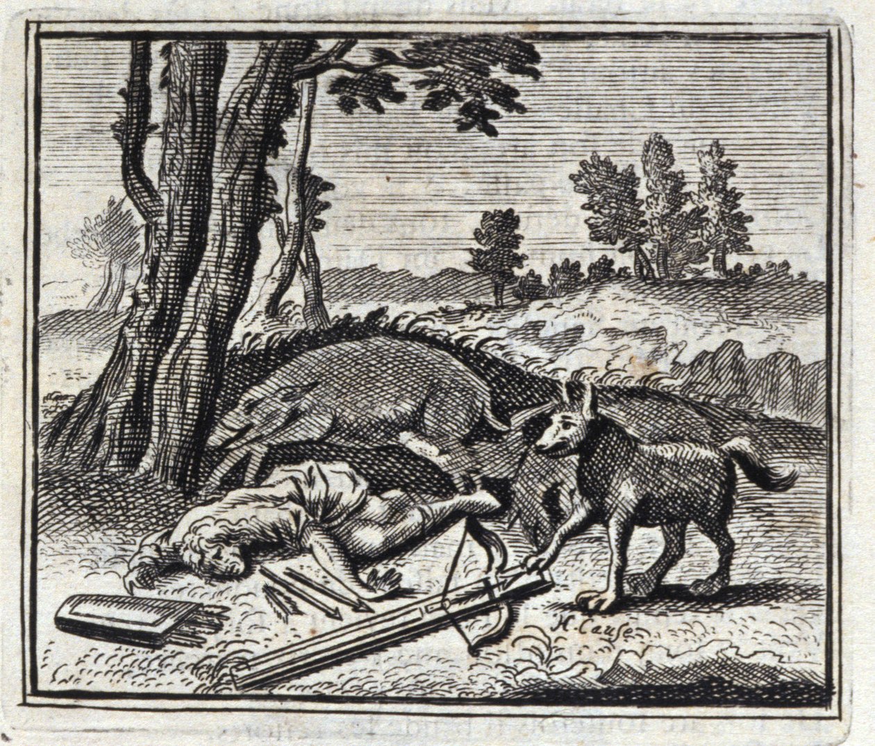 Vargen och jägaren. Fabler av Jean de La Fontaine (1621-95). Illustration av Francois Chauveau (1613-1676). Upplaga av 1728. av Francois Chauveau