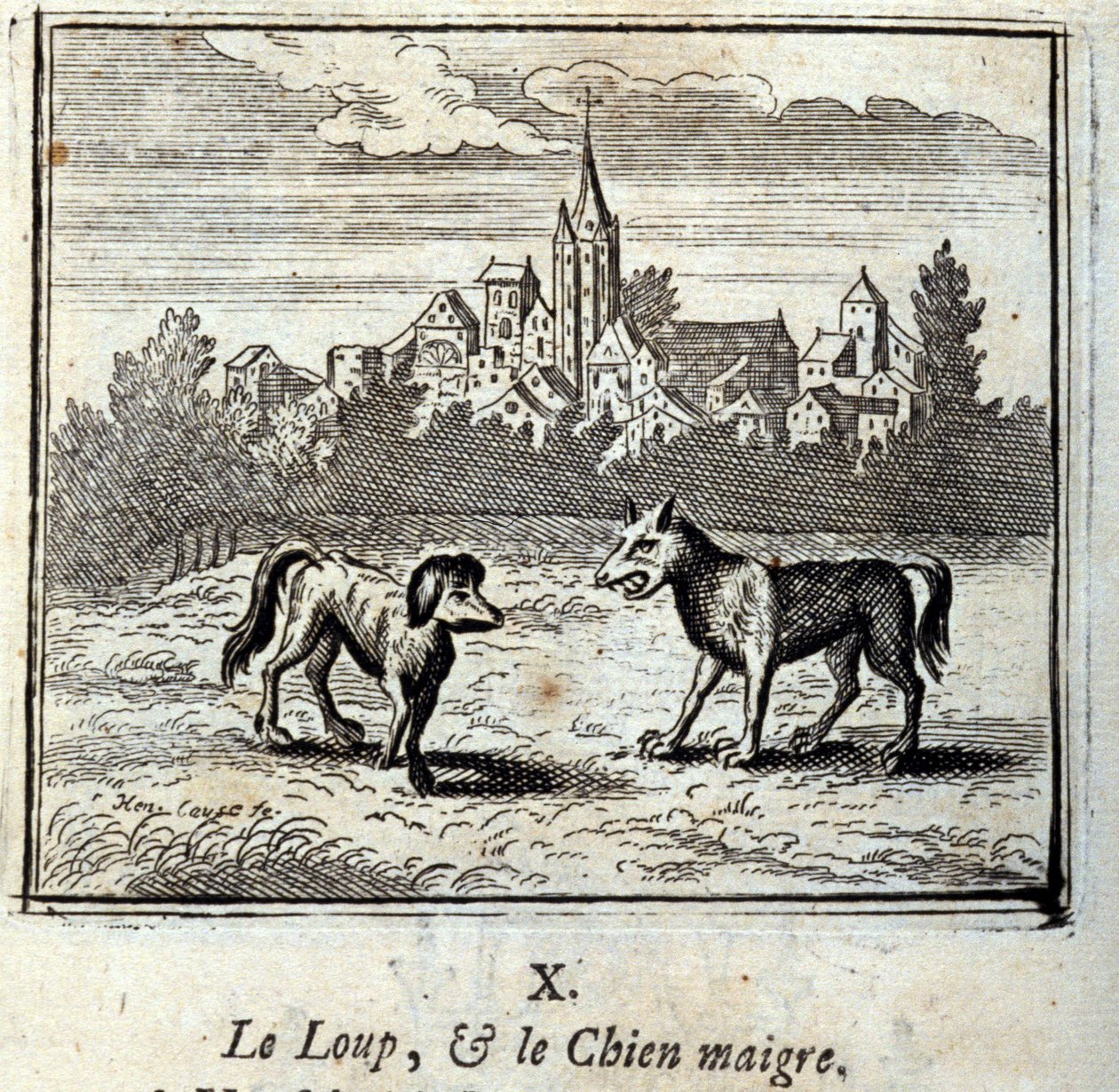 Vargen och den magra hunden. Fabler av Jean de La Fontaine (1621-95). Illustration av François Chauveau (1613-1676). Upplaga av 1728. av Francois Chauveau
