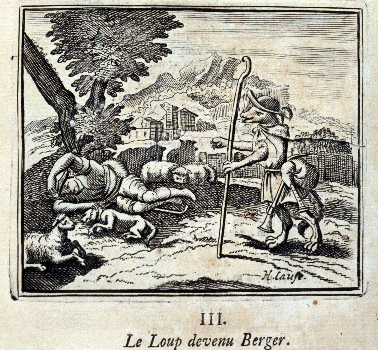 Vargen blev Berger.Fables av Jean de La Fontaine (1621-95). Illustration av François Chauveau (1613-1676). Upplaga av 1728. av Francois Chauveau