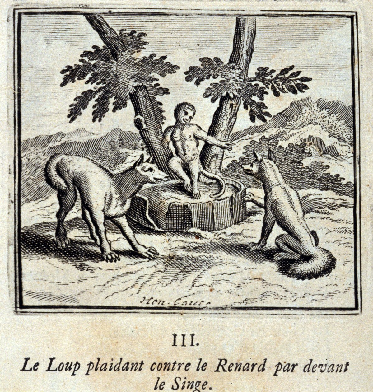 Vargen vädjar mot räven inför apan. Fabler av Jean de La Fontaine (1621-95). Illustration av François Chauveau (1613-1676). Upplaga från 1728. av Francois Chauveau