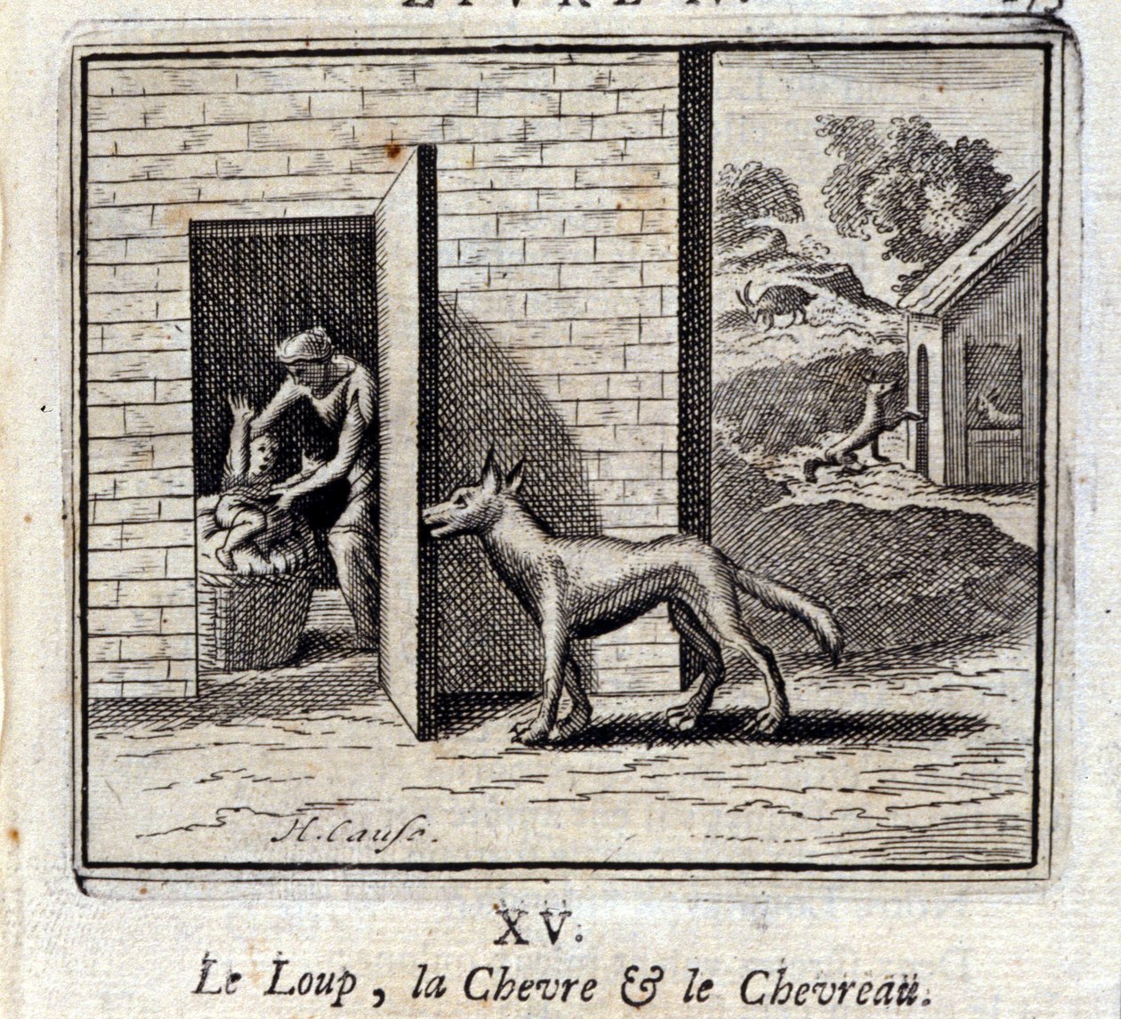 Vargen, geten och geten. Fabler av Jean de La Fontaine (1621-95). Illustration av François Chauveau (1613-1676). Upplaga av 1728. av Francois Chauveau